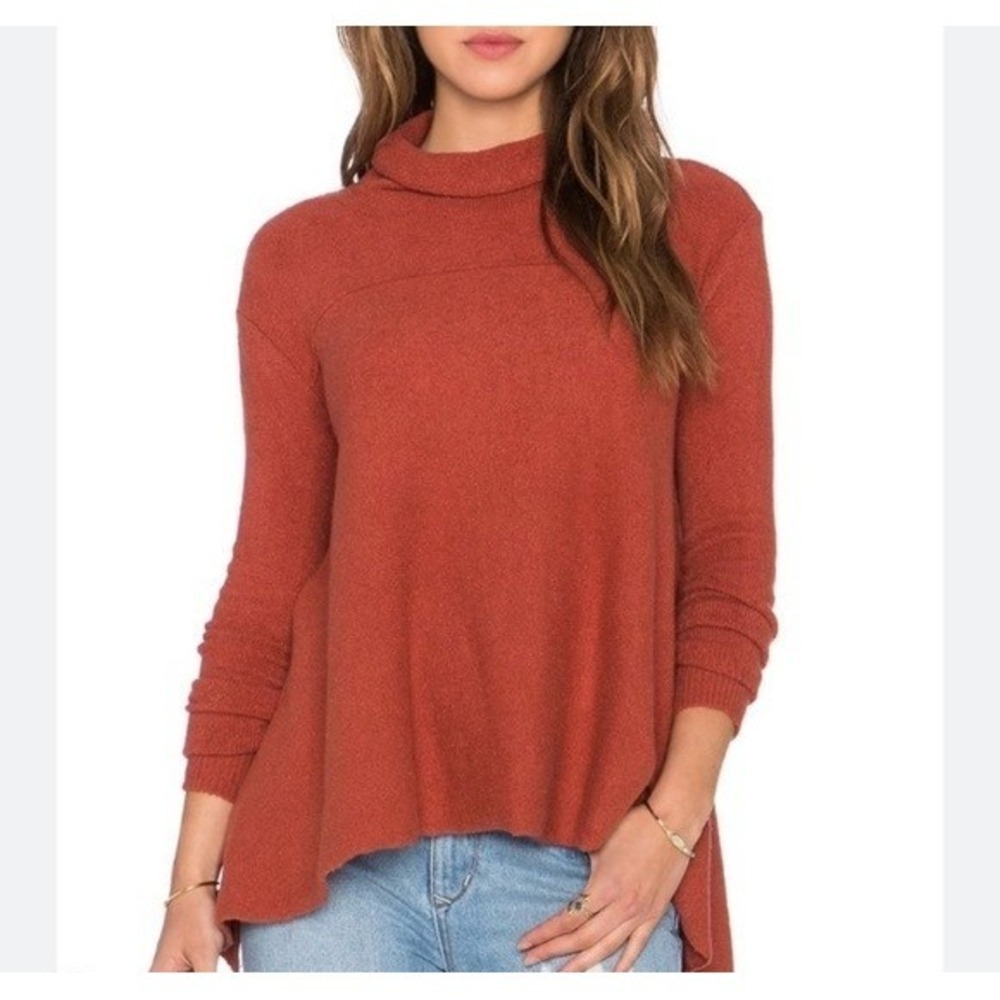 FREE PEOPLE Women Cowlneck Sweater Asymmetric Hem Long Sleeve Sz L Orange 82-2‎